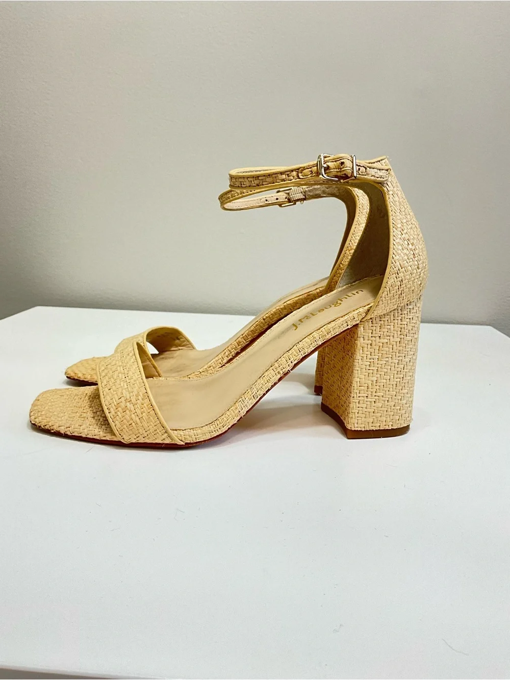 J. MCLAUGHLIN Esme Raffia Block Heel Sandals Natural Beige Size 8